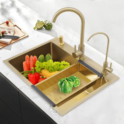 Gold Drop-in-Küchenspüle, 23,62 x 17,72 Zoll, Einzelschüssel-Arbeitsplatte oder eingebettetes Küchenspülen-Set aus Edelstahl, 7,87 Zoll Tiefe