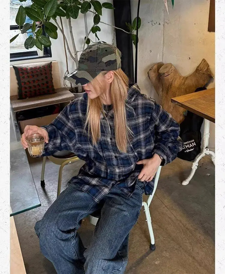 HOUZHOU Vintage Plaid Shirts Women Harajuku Long Sleeve American Style Drawstring Hooded Blouses Loose Casual Streetwear Spring.