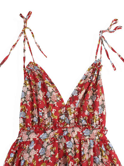 kleider damen,damen kleidung,Sommer Sexy Kurzes Kleid Frauen Casual Blumendruck Backless Lace-up Strand Sommerkleid Mode V-Ausschnitt Blau Rüschen A-Linie Kleider 2025.