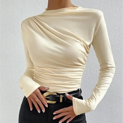 New Pure Color Folded High Collar Slim Fit Long Sleeve T-Shirt Grey Autumn Winter Versatile Design Base Layer Women's Top.