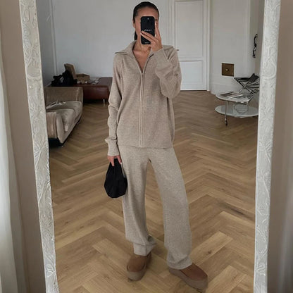 Tornova Zipper Strickjacke Pullover Anzug Weibliche Gestrickte Langarm Casual Mantel Breitbeinig Hosen Pullover frauen Zwei Stück Set