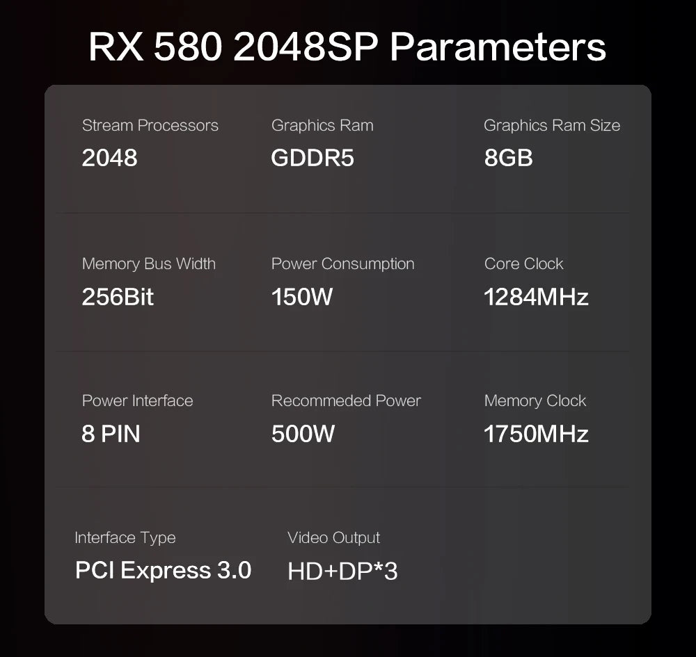MLLSE AMD RX 580 8GB 2048SP Gaming Graphics Card GDDR5 256Bit PCI-E 3.0 ×16 8Pin Radeon GPU Rx 580 Video Card Placa De Video.