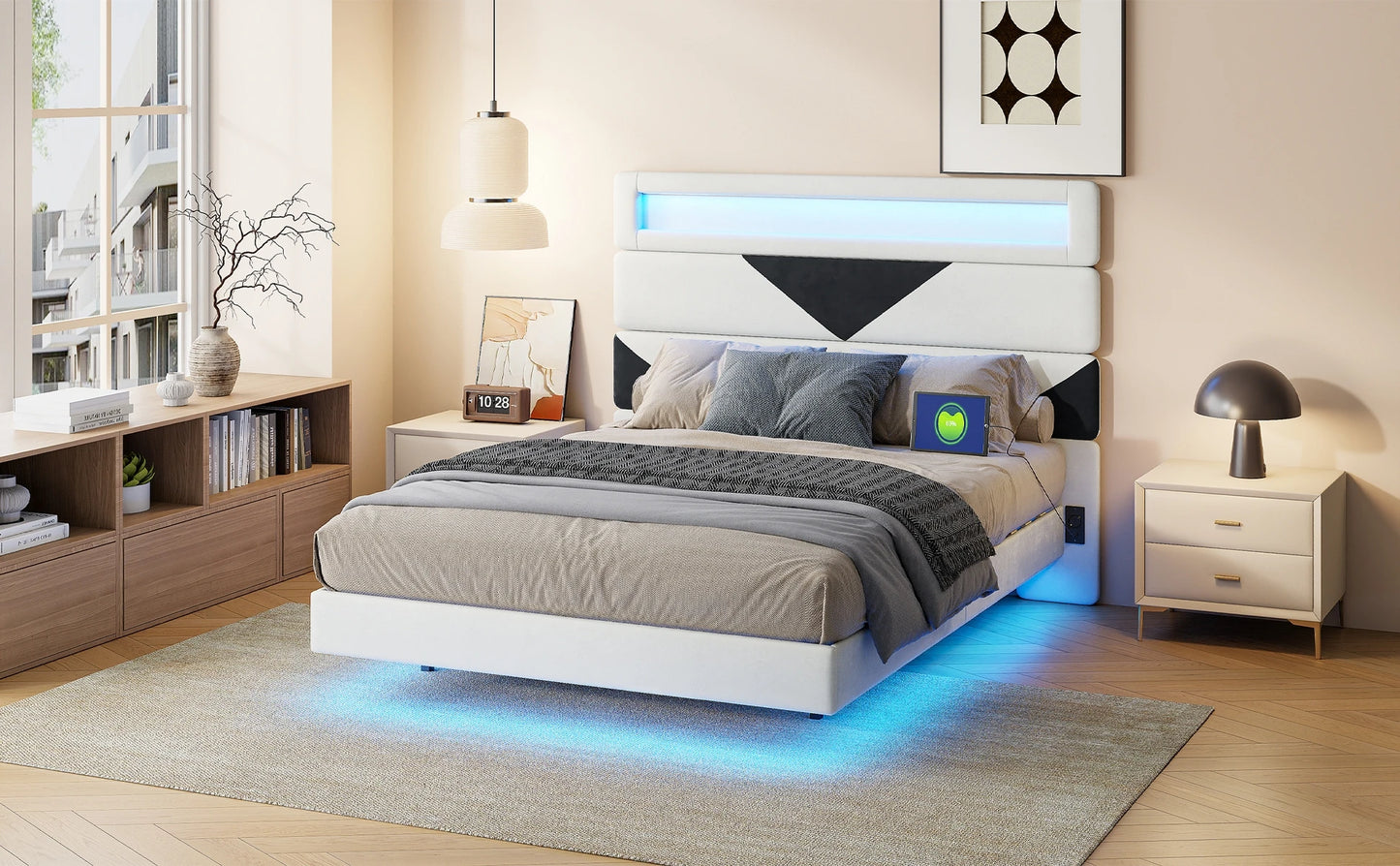 Anajqaqia Doppelbettgestell, 160 x 200 cm, verstellbares Kopfteil in Beige und Schwarz mit Lichtleiste und USB-Doppelladeanschluss