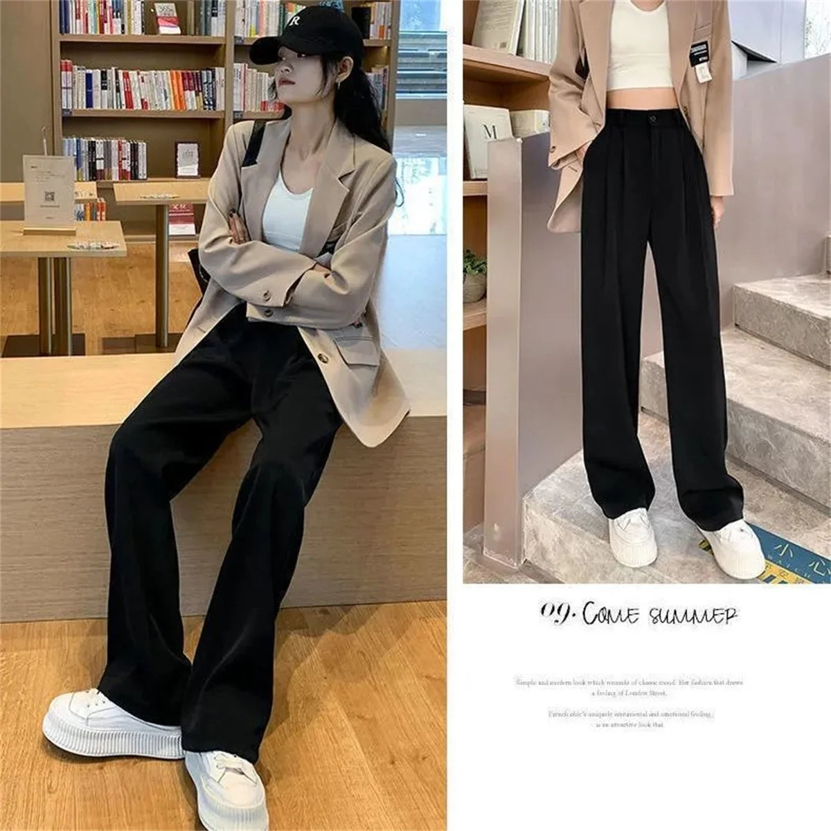 Fashion High Waist Wide Leg Pants Women Spring Fall Baggy Black Trouser Office Ladies Full Length Straight Suit Pant Outwear New.