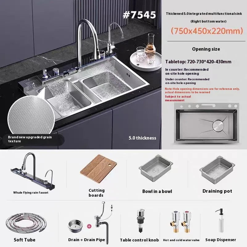 Silver Waterfalls Stainless Steel Kitchen Sink Multifunction Intelligent Digital Display Temperature Household Large Single Slot