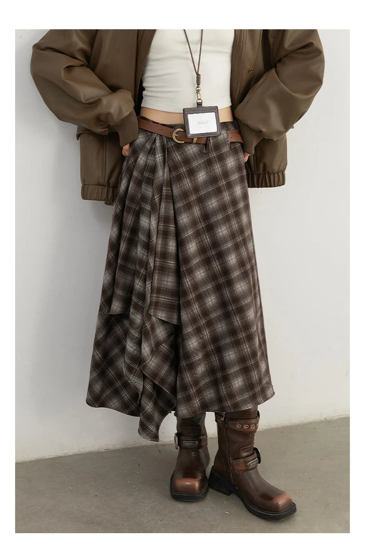 CHIC VEN Women Skirts A Line Retro Loose High Waist Irregular Color Plaid Frosted Half Body Long Ladies Skirt Winter 2025.