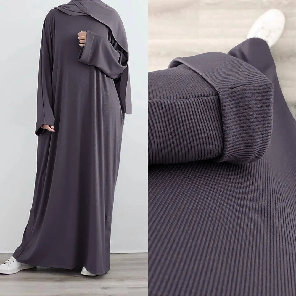 Saudi Arab Turkish Autumn Winter Knitted Dress For Women Jalabiyat Solid Comfortable Belted Casual Muslim Ramadan Robe.