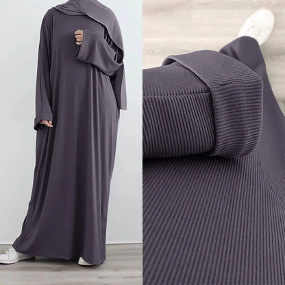 Saudi Arab Turkish Autumn Winter Knitted Dress For Women Jalabiyat Solid Comfortable Belted Casual Muslim Ramadan Robe.