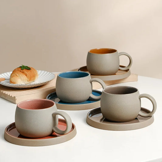 Retro Coarse Pottery Mug and Saucer Combination Japanese Coffee Cup Set Nordic Afternoon Tea Breakfast Cup Latte Coffee Mug.