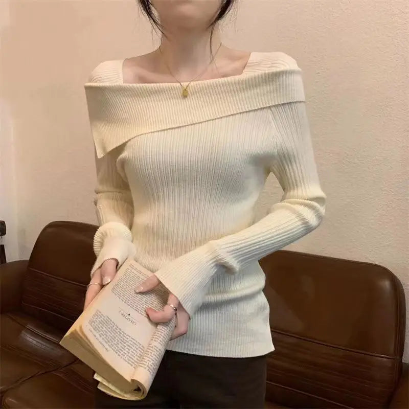 Solide Sexy Schlank Off Schulter Slash Neck Langarm Stricken Pullover Frauen Jumper Büro Mode Neue
