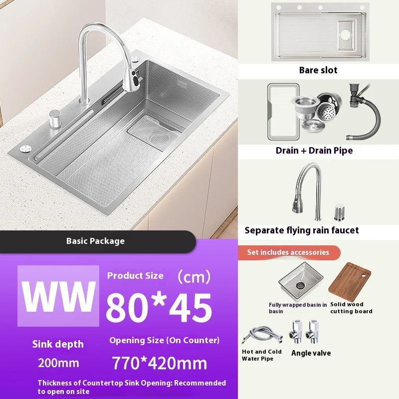 Silver 304 Stainless Steel Kitchen Sink Independent Waterfall Outlet Household Large Single Slot Wash Dish Bowl Undermount Basin