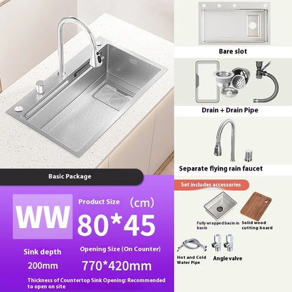 Silver 304 Stainless Steel Kitchen Sink Independent Waterfall Outlet Household Large Single Slot Wash Dish Bowl Undermount Basin