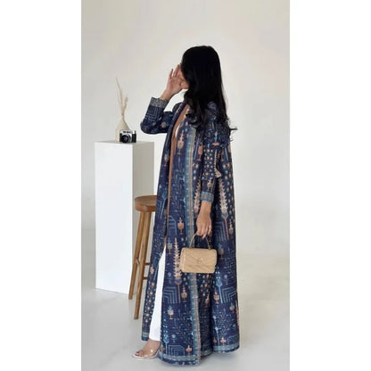 Abaya Miyake Pleated Printed Robe Jacket Arabian Dubai Style Women's Long Sleeve Conservative Demure Muslim Trench Coat 55inches