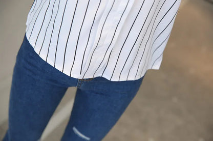 Stripe Women Blouse Fashion Standing Collar Women's Shirt Long Sleeved Shirts and Blouses Printing Ladies Tops Basic Womens Tops