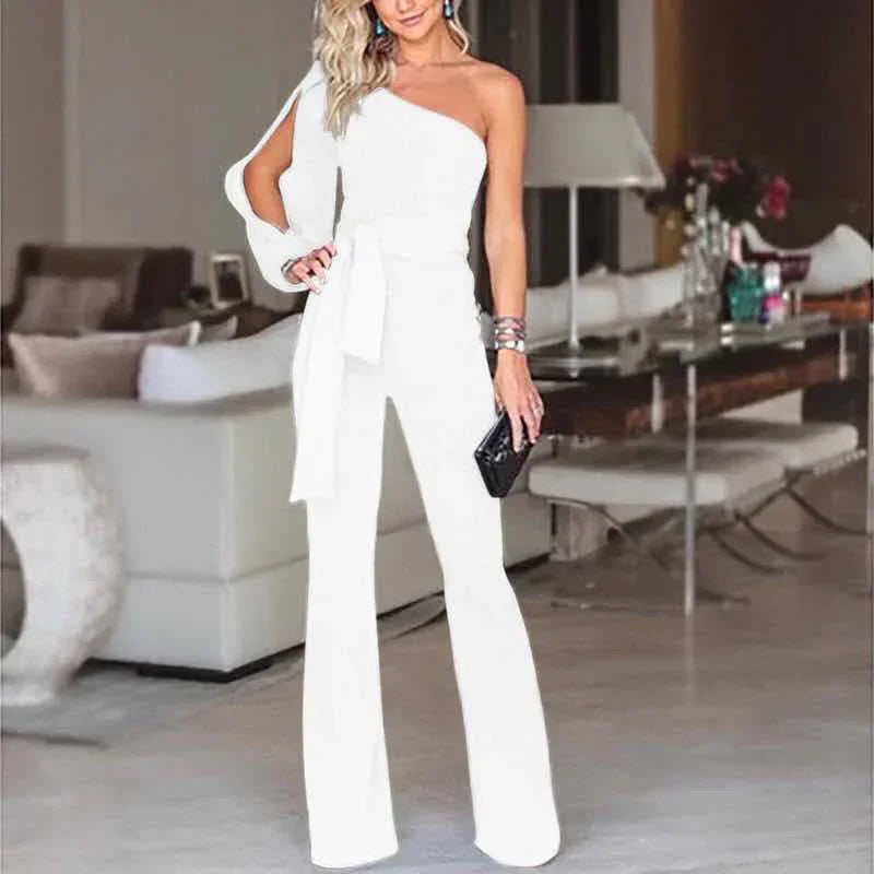 2024 Spring New Women's Single Shoulder High-waisted Belted Slimming Jumpsuit Amazon Cross-border Seller Sexy Smooth Silhouette.