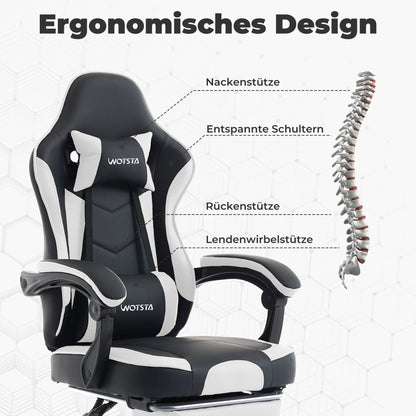 WOTSTA Gaming-Stuhl mit Fußstütze, Gamer-Stühle, ergonomisch, mit Lendenkissen, Kopfstützenstuhl, höhenverstellbarer Computerstuhl