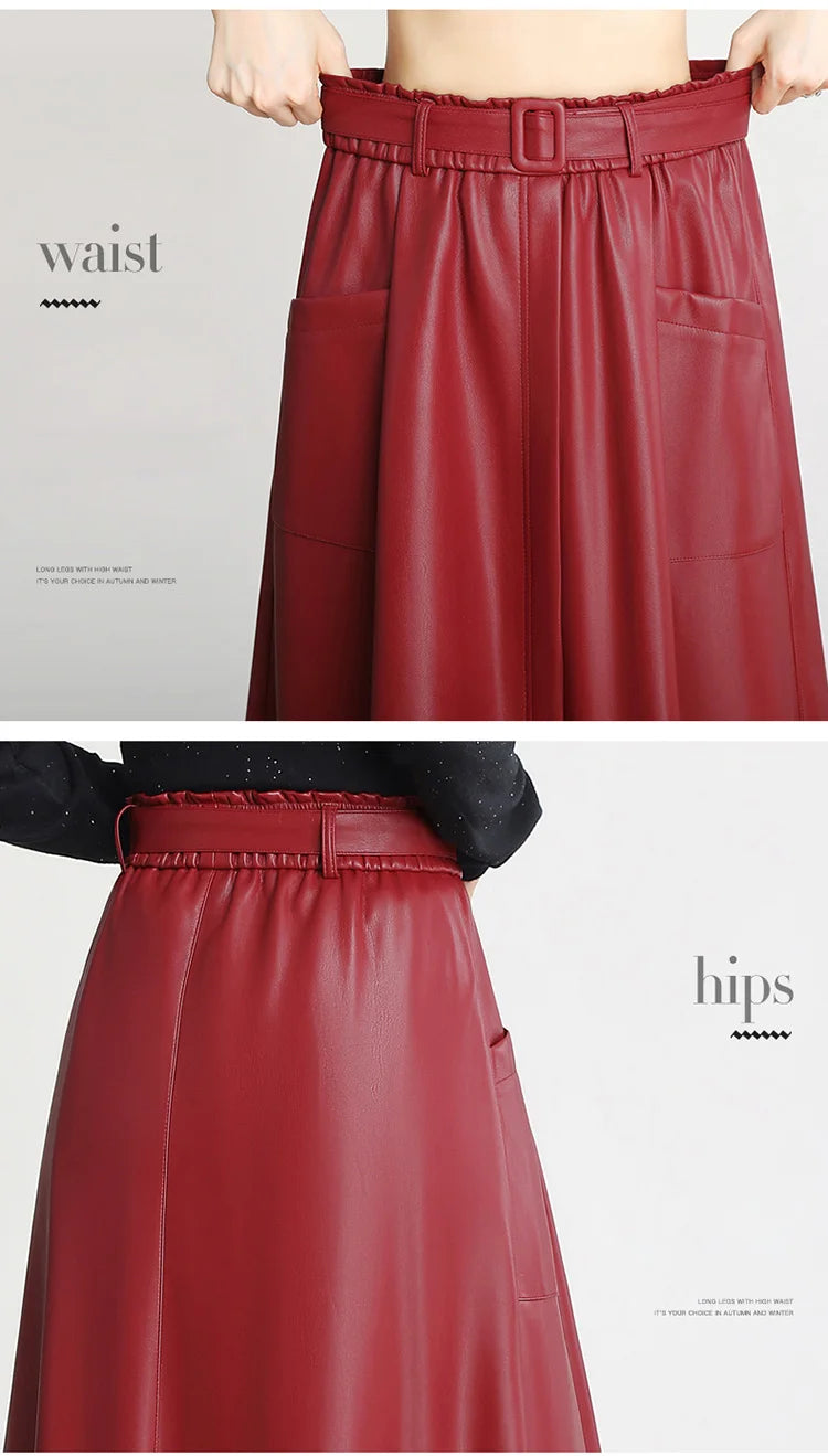 S-5XL New Women Plus Size Leather Skirt Spring Autumn Fashion Stretch Waist A-Line Loose Long Skirt Split Leather Sheepskin.