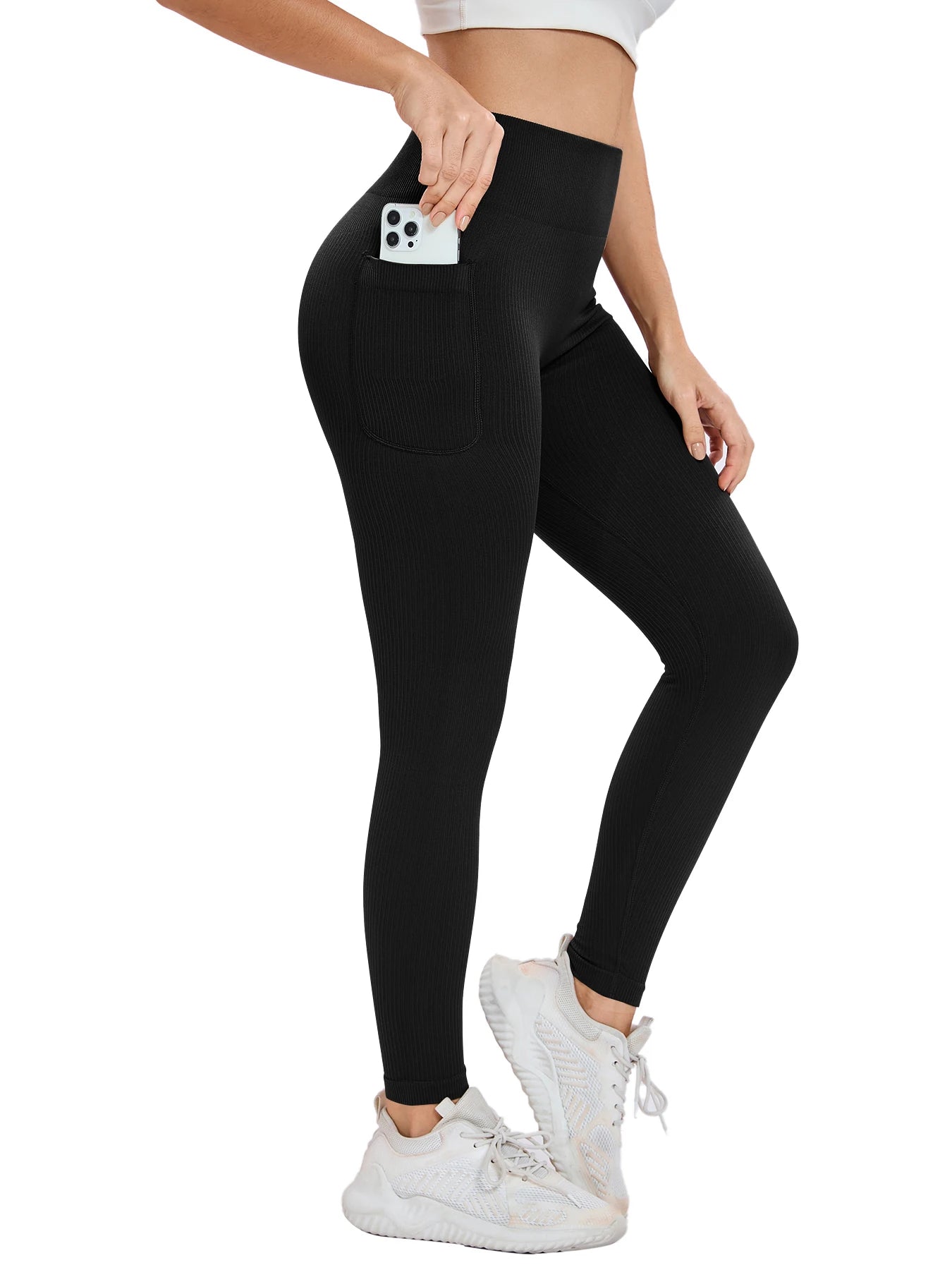 Women's solid color threaded sports leggings seamless cross-border yoga pants high-waisted fitness pants Yoga wear with pocket.