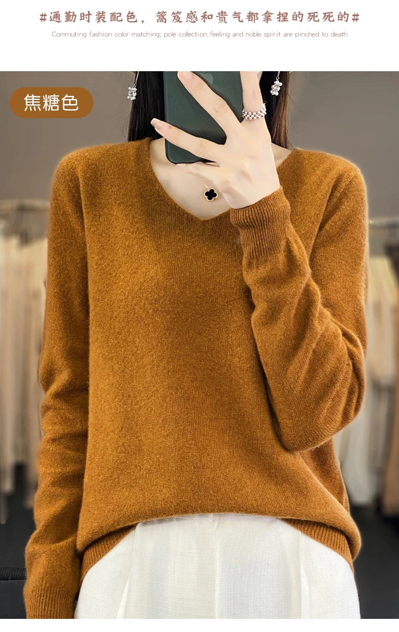 Women 100% Merino Wool Sweater V-Neck Basic Pullover Autumn Winter Cashmere Clothing Long Sleeve Soft Knitwear Tops Solid Color