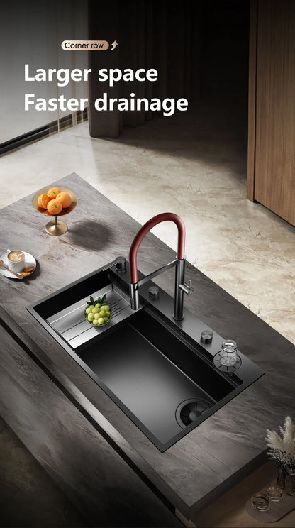 ASRAS large kitchen stainless steel nano sink with built-in waterfall faucet and large drainage outlet design