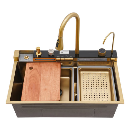 Wasserfall-Küchenspüle-Set mit Digitalanzeige und Wasserhahnschläuchen |   75 * 46 * 22 cm goldenes Edelstahl-Spülbecken-Set für modernes Zuhause