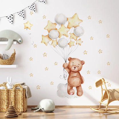 Cute Bear Moon Star Wall Stickers for Kids Rooms Girls Boys Baby Room Decoration Kawaii Cartoon Animal Nursery Wallpaper Vinyl
