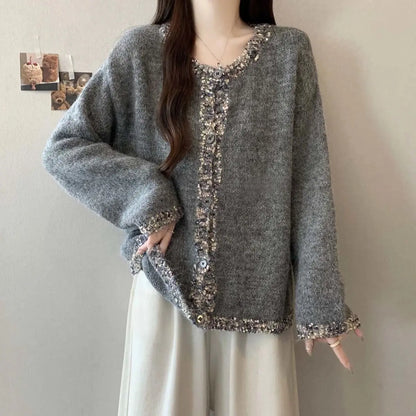 Pailletten-Strickjacke für Damen, Herbst und Winter, lockeres Schlankheitsoberteil