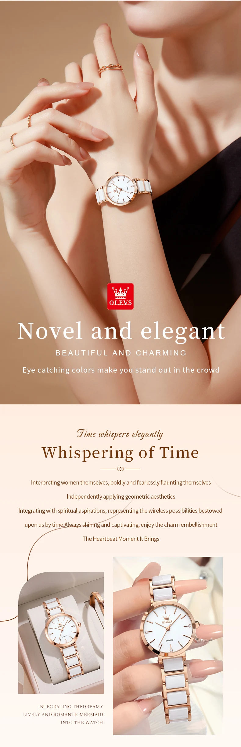 OLEVS 5877 Japan Quartz Movement Woman Watch Simple Elegant Luxury Rose Gold Ceramics Strap Waterproof Ladies Dress Wristwatch.