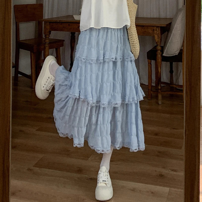 Sweet Lace Women Cake Puff Chiffon Skirts Summer Stylish Tierred Pleated Hem Solid Long Skirt Korean A-Line High Waist Skirts.