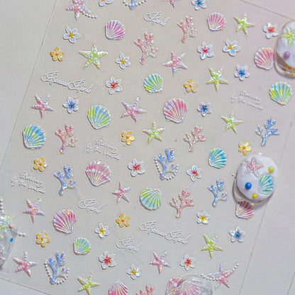 Ocean Theme 5D Nail Sticker Summer Beach Seashells Starfish Conch Scallop Shell Coral Self Adhesive Decoration Manicure Decal.