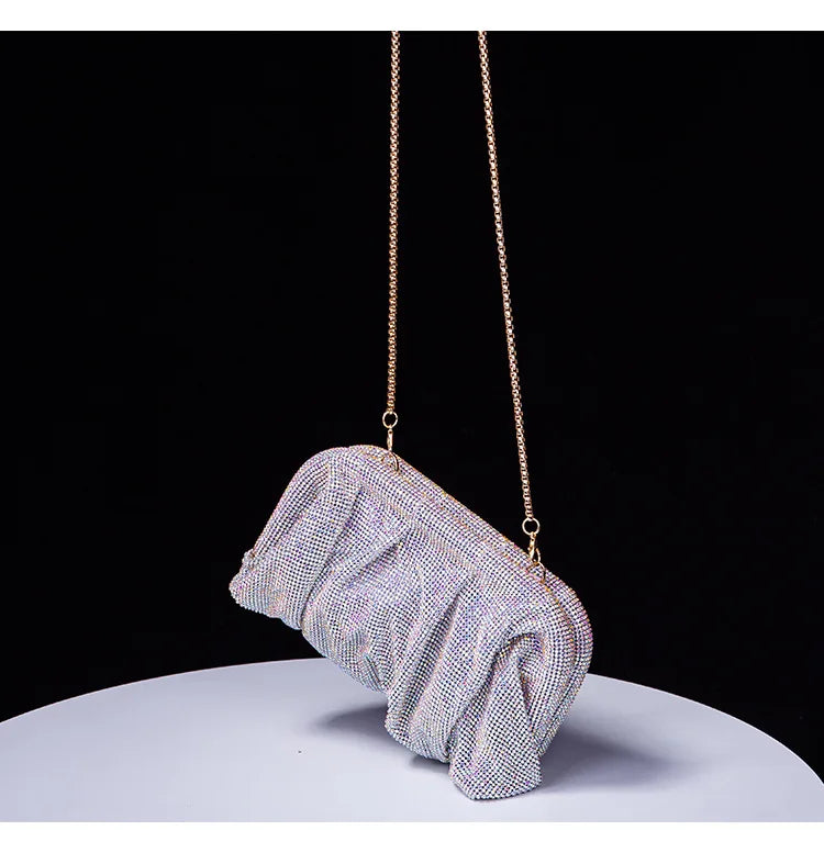 Premium Handmade Diamond-encrusted Clutch Bag Pleated Chain Rhinestone Cloud Clip Dinner Bag Single Shoulder Oblique Span Bolsos.