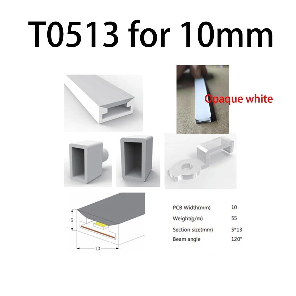 LED Silicone Neon Tube T0511 T0513 T0515 T0308 Flexible Protection Cover Transparent Matte Black Milky For 6-12mm WS2812  Strip.