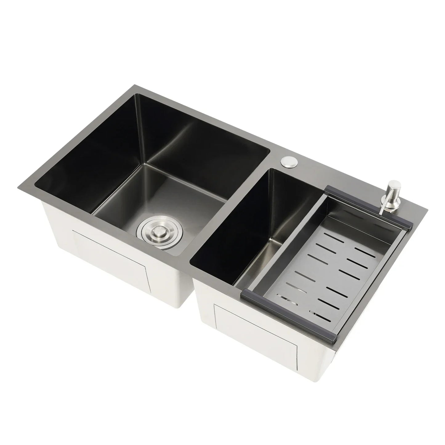 Rainaut Küchenspüle aus Edelstahl 304, Doppelschüssel-Einbaumkorb mit Abtropffläche + Seifenspender, rechteckige Spüle, 78 x 43 x 22 cm