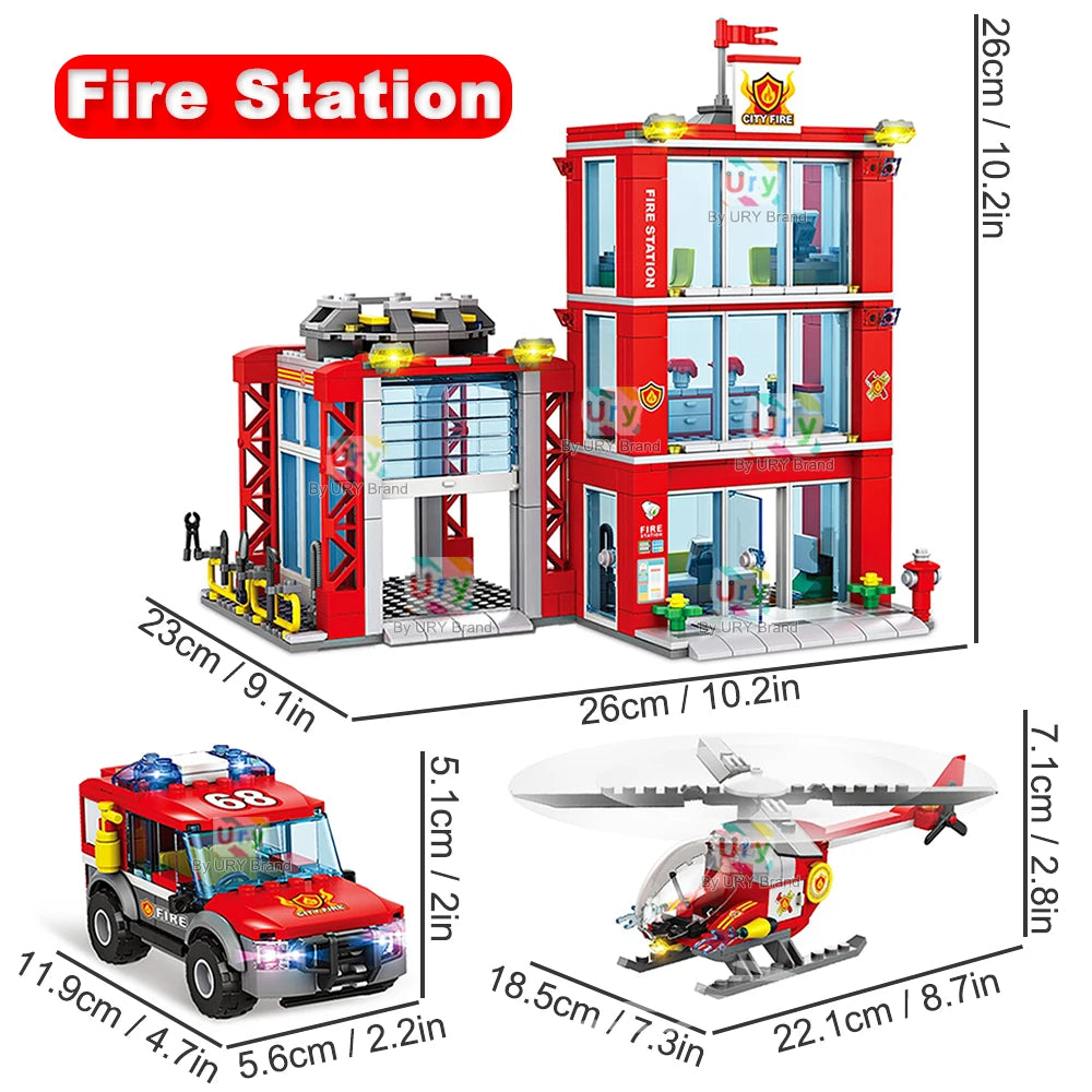 City Fire Station Ladder Truck Helicopter Car Rescue Boat Firefighter Figure Aircraft Model Moc Building Blocks Toy for Boy Gift.