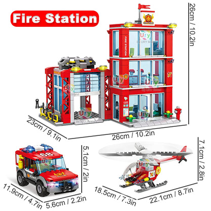 City Fire Station Ladder Truck Helicopter Car Rescue Boat Firefighter Figure Aircraft Model Moc Building Blocks Toy for Boy Gift.
