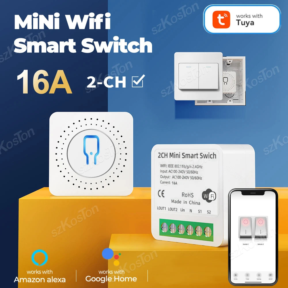 16A Tuya WiFi Smart Switch Modul Smart Home 2CH MiNi DIY Licht Breaker Timer Sprachsteuerung Funktioniert mit Alexa Google Hause.
