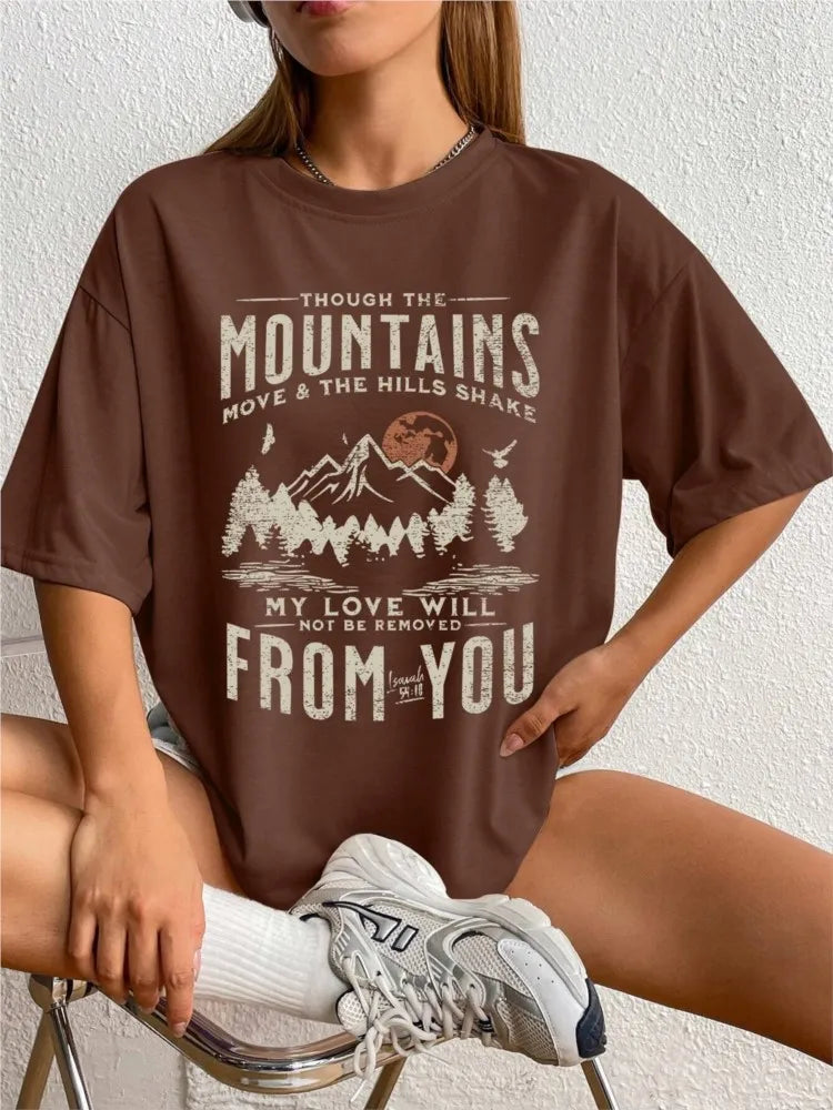 Spring Woman Cotton T-Shirts Mountains Setting Sun Printed Short Sleeve Tees Fashion Female Clothes Comfortable Soft Street Tops.