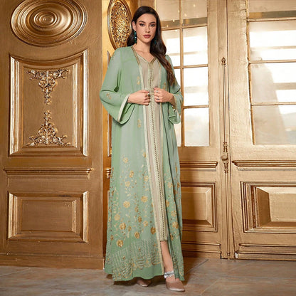 2 Pieces Set Muslim Women Matching Set Embroidery Open Kimono Abaya Maxi Dress Dubai Kaftan Robe Eid Djellaba Kebaya Caftan Arab.
