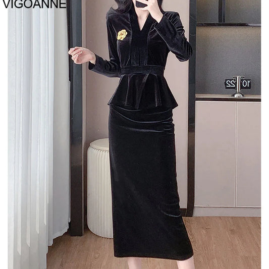 VigoAnne 2025 Solid V Neck Velvet 2 Piece Set Woman Long Sleeve High Waist Skirt Suits Lady Spring Autumn Korean Long Dress Suit.