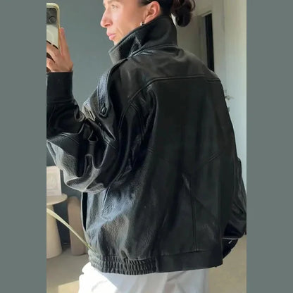 Street PU Leather Loose Jacket Women Fashion Solid Full Sleeve Stand Collar Single Breasted Coats Female 2025 Autumn Lady Coat