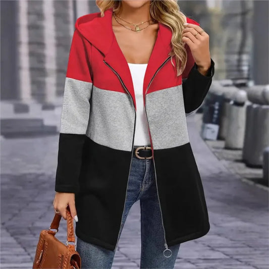 Frauen Casual Jacke Kosten Frühling Mode Lose Kontrast Farbe Drei Farbe Spleißen Kapuze Jacke Zipper Tops Frauen Kleidung