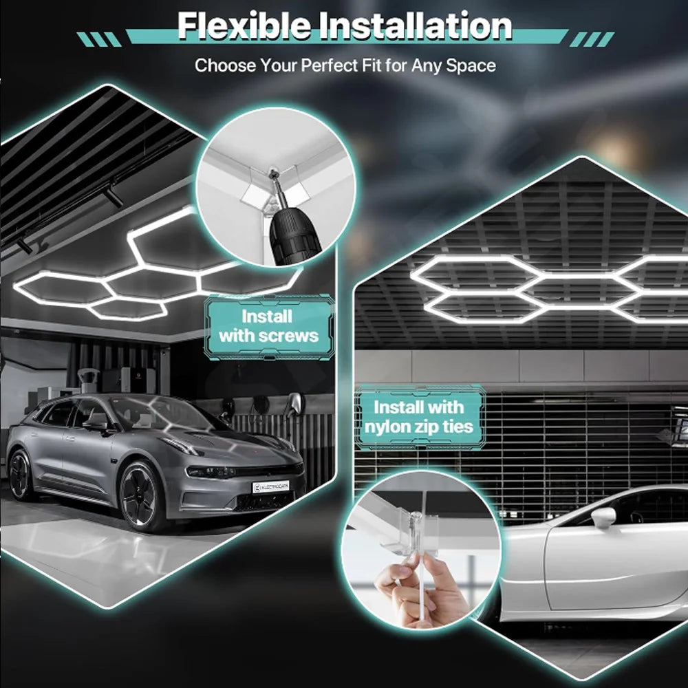 High brightness honeycomb hexagonal garage LED light 6500K suitable for garages, 4S workshops, car beauty shops, gyms.