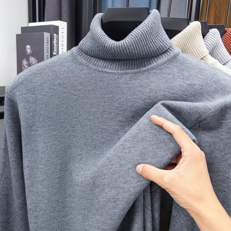 Autumn Mens High Quality Knitted Turtleneck Sweater Slim Fit Long Sleeve Anti-pilling Pullover Solid Color Trend Men Streetwea.