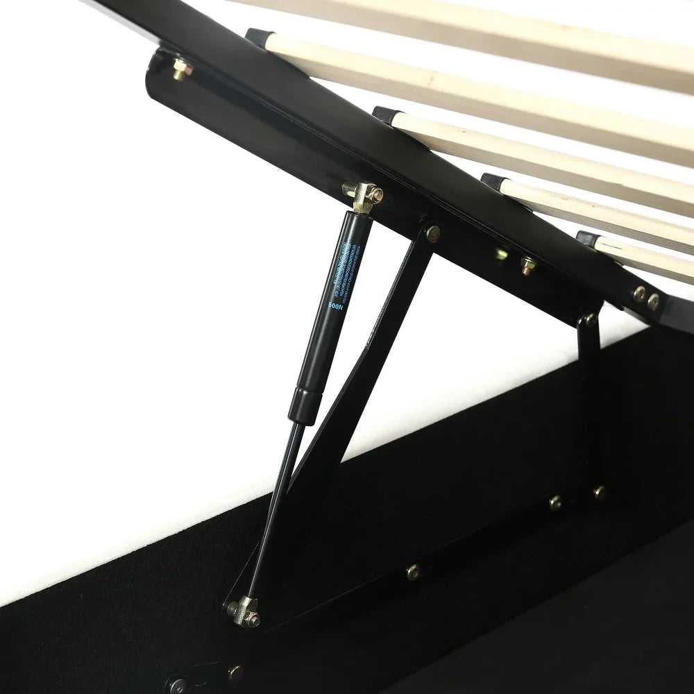 Polsterbett, Einzelbett, süßes Katzendesign, hydraulisches Bett mit Stauraum und Gürtelgriffen, stabiler Gitterrost, 90 x 200 cm