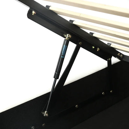 Polsterbett, Einzelbett, süßes Katzendesign, hydraulisches Bett mit Stauraum und Gürtelgriffen, stabiler Gitterrost, 90 x 200 cm