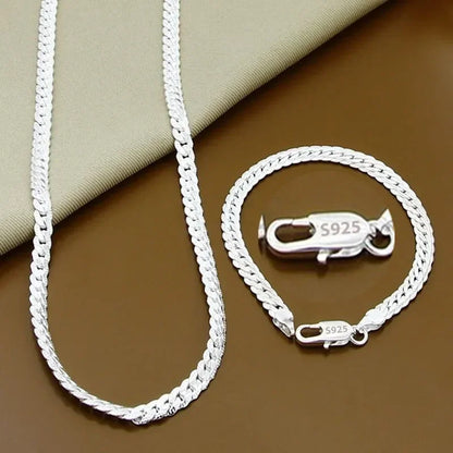 925 Sterling Silver 2 Piece Full Side Chain Necklace Bracelet Women Men Fashion Jewelry Set Wedding Gift.