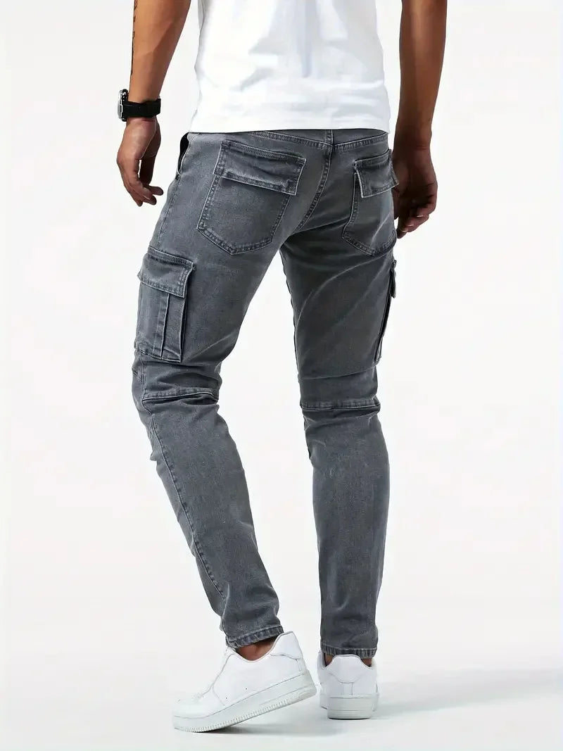 Street Elastic Jeans Men Denim Cargo Pants Wash Solid Color Multi Pockets Casual Mid Waist Trousers Slim Fit Daily Wear Joggers.