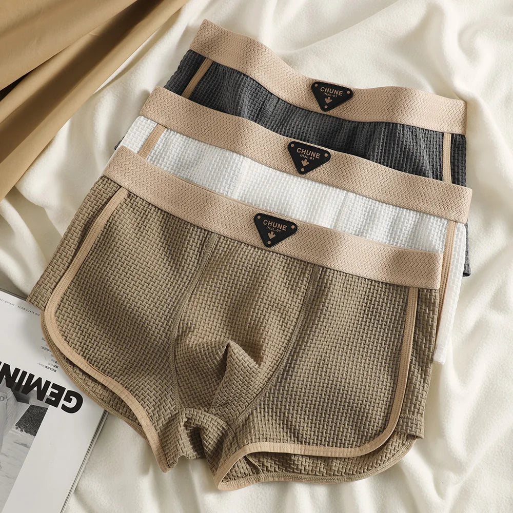 3 Teile/paket Mode Eis Seide Gestrickte Plaid Boxer Atmungsaktive Komfort Mesh Gabelung Unterhose Super Weiche Hohe Elastische männer Höschen