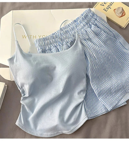 Einfarbiger Pyjama mit Brustpolstern, gestreifte Shorts für Damen, Sommer, dünne Leibchen-Shorts, Loungewear, großer Pyjama, zweiteiliges Set