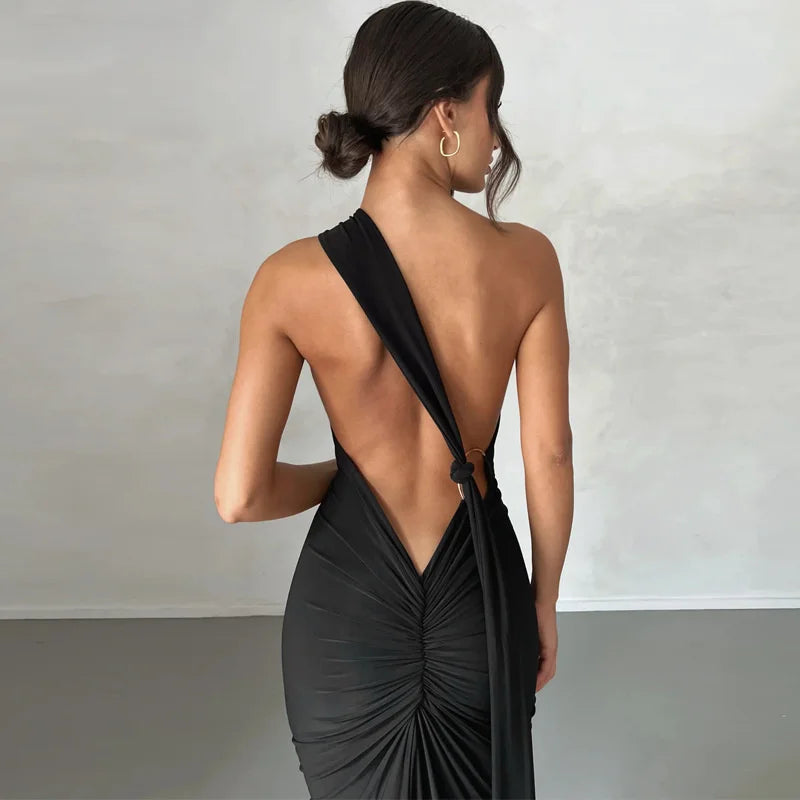 Mozision Schräge Schulter Backless Maxi Kleid Für Frauen Kleid Sommer Zurück Strap Ärmellose Geraffte Party Sexy Langes Kleid Vestidos.